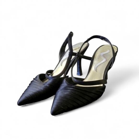 Nina Shoes - Nina Women's Slingback Heels Pleated Satin Pointed Toe Black Mid-Heel Size 8